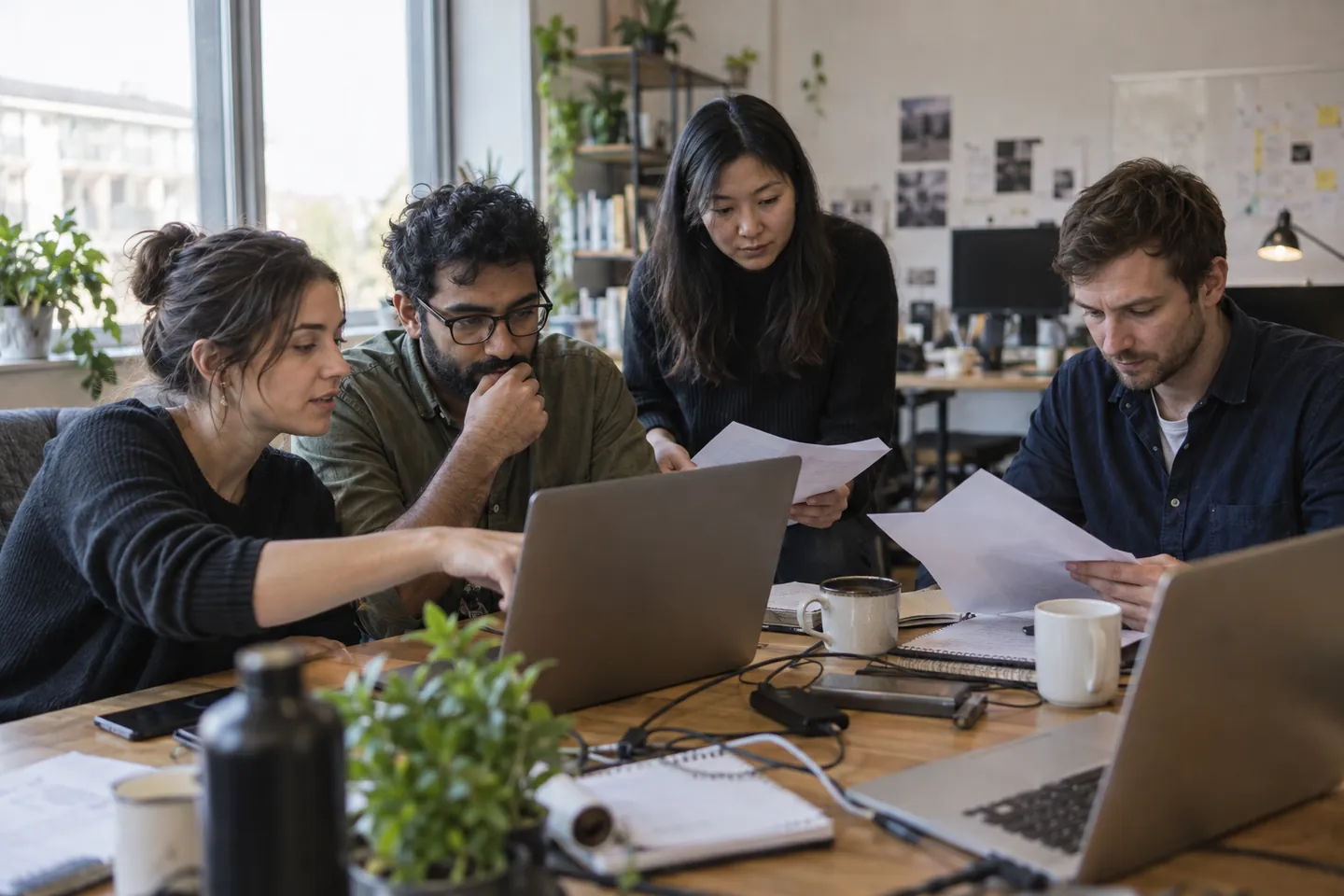 Illustrative scene of four colleagues reviewing software and project notes together.
