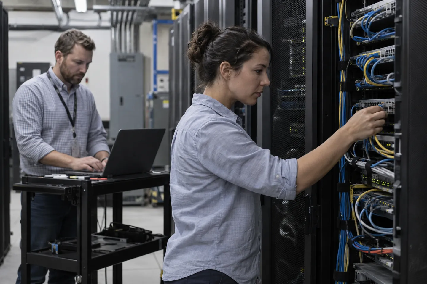 Illustrative scene of two engineers checking network equipment and a laptop in a server room.
