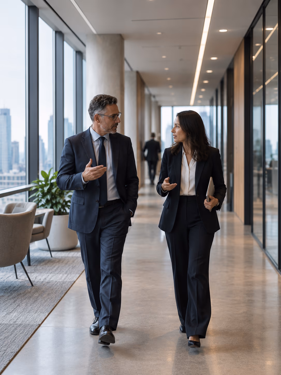 Two consultants in business attire talk while walking through an office corridor.