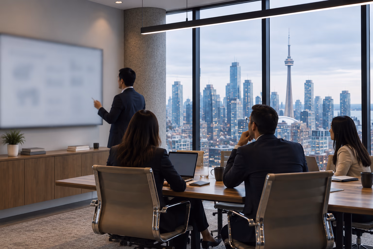A high-floor boardroom with a presentation screen and floor-to-ceiling windows looking out over the Toronto skyline at dusk, the CN Tower lit against the sky.