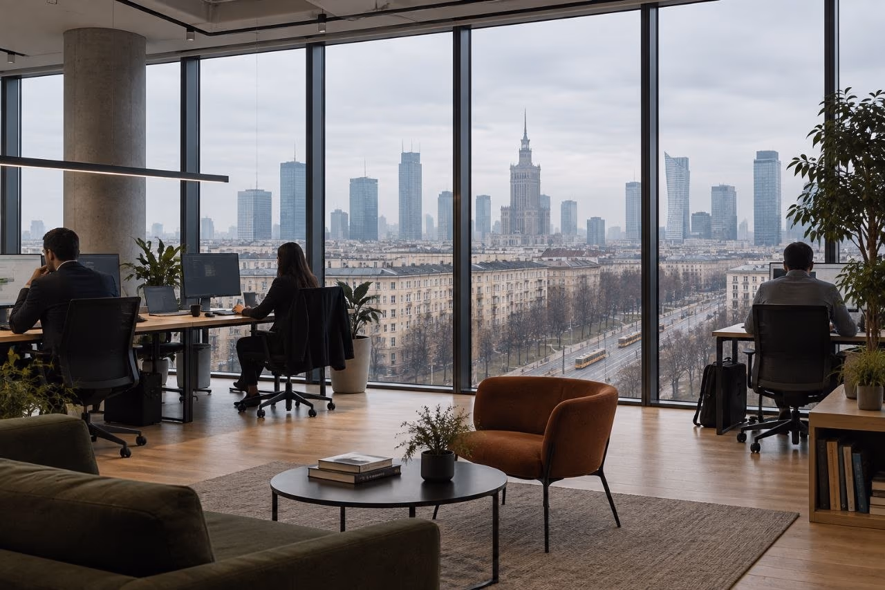 A high-floor open-plan workspace with floor-to-ceiling windows looking out over the Warsaw skyline, the Palace of Culture and Science at the centre of the view.